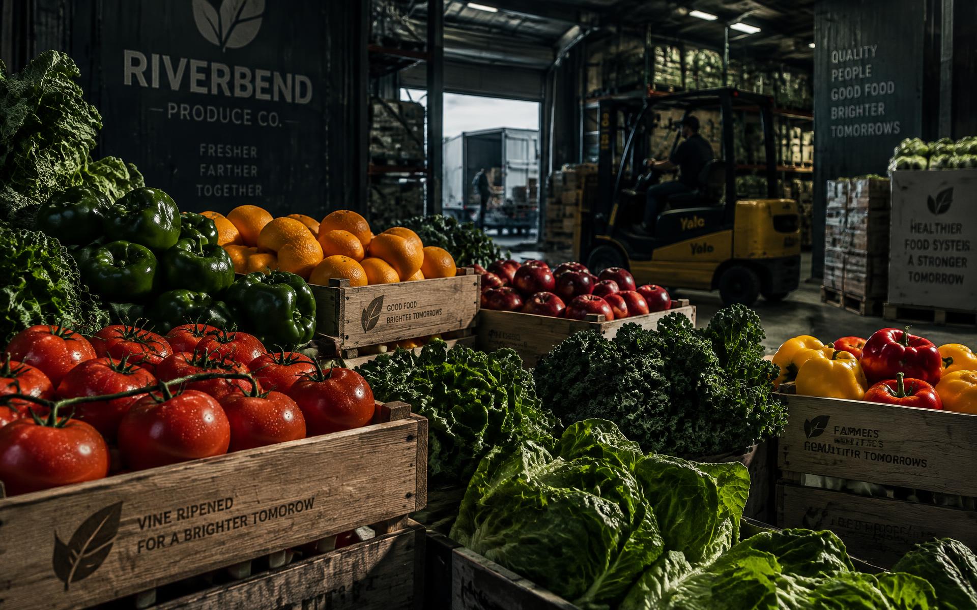 Crates of fresh tomatoes, peppers, oranges and leafy greens in a wholesale produce warehouse